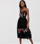 Asos Design Tall Cami Trapeze Embroidered Midi Dress-black