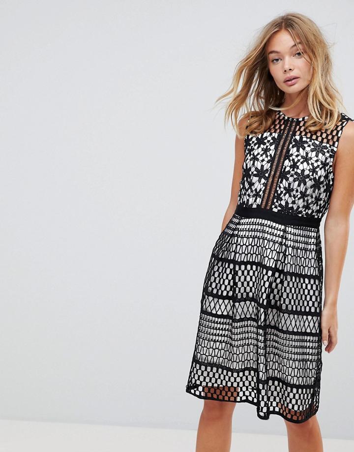 Liquorish Contrast Crochet Skater Dress - Black