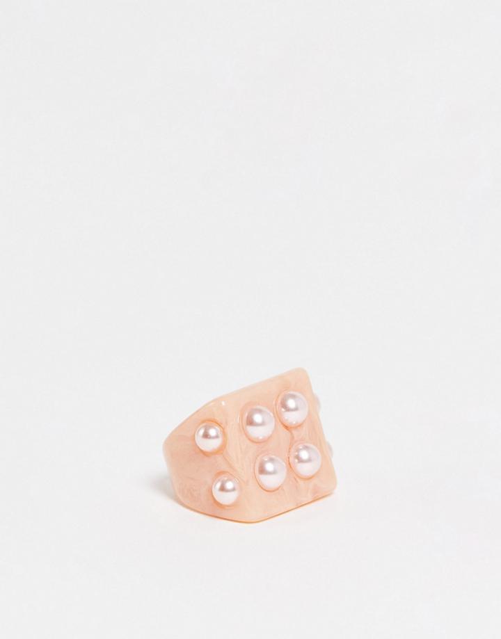 Asos Design Plastic Ring With Pearls In Peach-orange