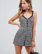 Asos Design Cami Romper In Check With Gold Buttons - Multi