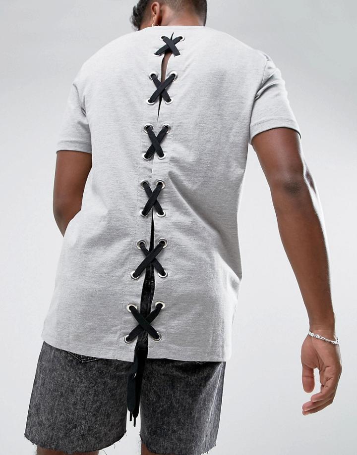 Asos Longline T-shirt With Lace Up Back And Chunky Eyelets In Gray - Gray