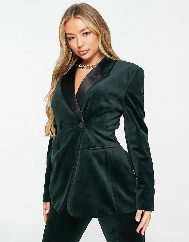 Asos Design Velvet Molded Hip Suit Blazer In Green
