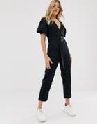 Asos Design Denim Belted Jumpsuit With Banana Leg-black