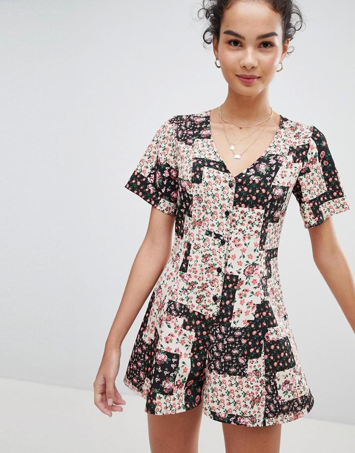 Asos Design Swing Romper With Button Front In Patchwork Floral Print - Multi