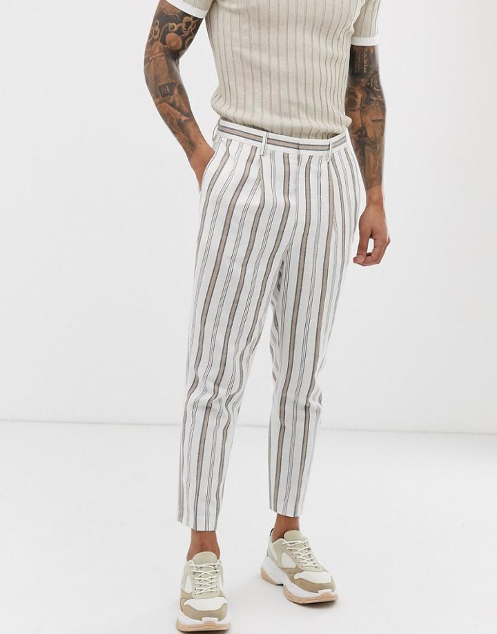 Asos Design Tapered Crop Smart Pants In White Linen Mix Stripe - White