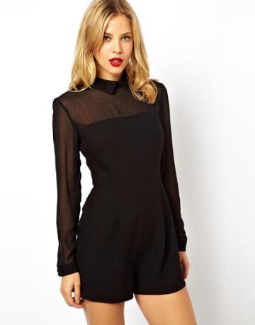 Asos Playsuit With Sheer Sleeves With Collar Detail