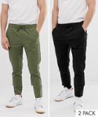 Asos Design 2 Pack Skinny Chinos With Elastic Waist In Khaki & Black Save-multi