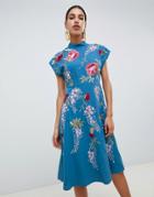 Asos Design Midi Dress With Rose Embroidery - Blue