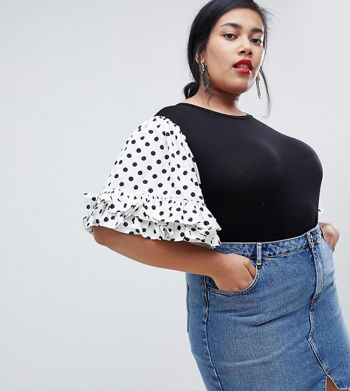 Lost Ink Plus T-shirt With Contrast Smock Sleeves In Polka Dot - Black