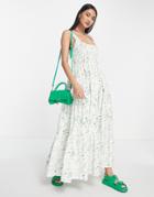 Asos Design Shirred Maxi Sundress With Tiers In Green Floral Print-multi