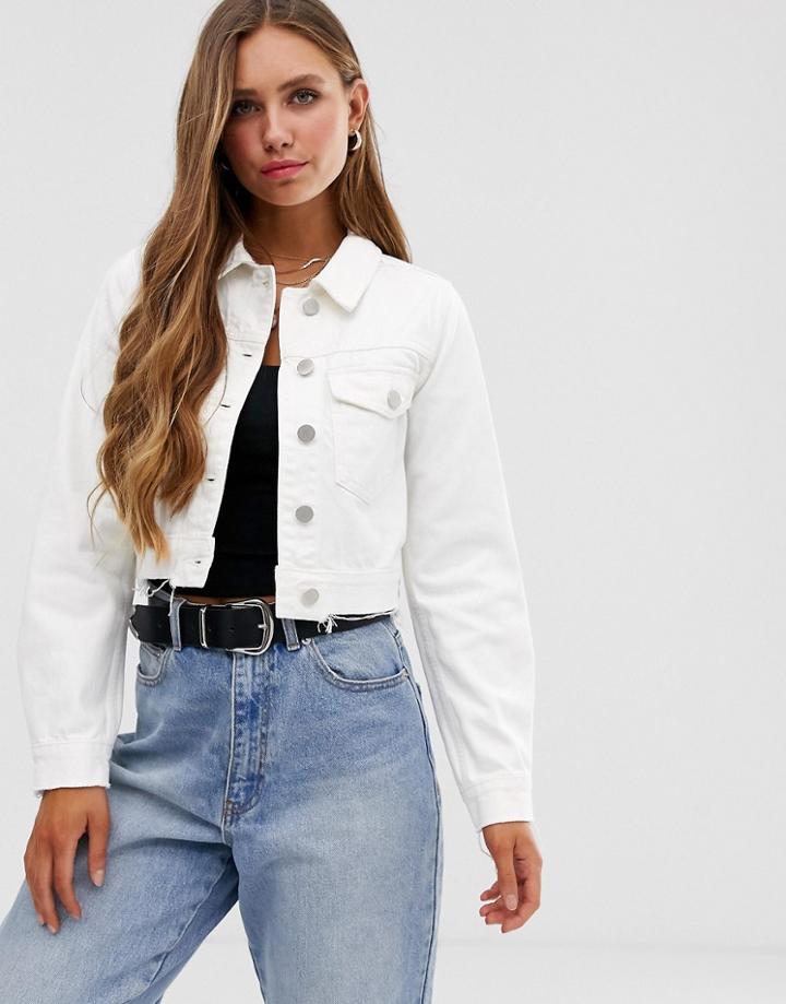 Asos Design Denim Shrunken Jacket In Off White With Raw Hem