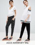 Asos Maternity Tall 2 Pack Jersey Peg Pants In Plain Black And Blurred Polka Dot - Black