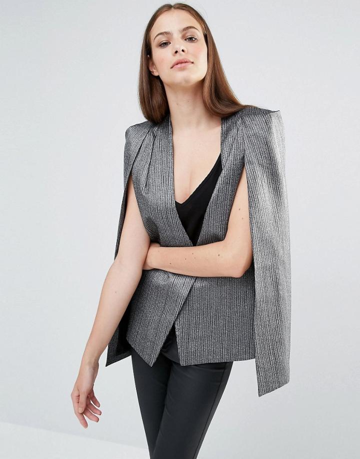 Lavish Alice Metallic & Stripe Print Collarless Cape Blazer - Silver