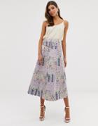 Asos Design Floral Jacquard Full Midi Skirt With Self Belt-multi