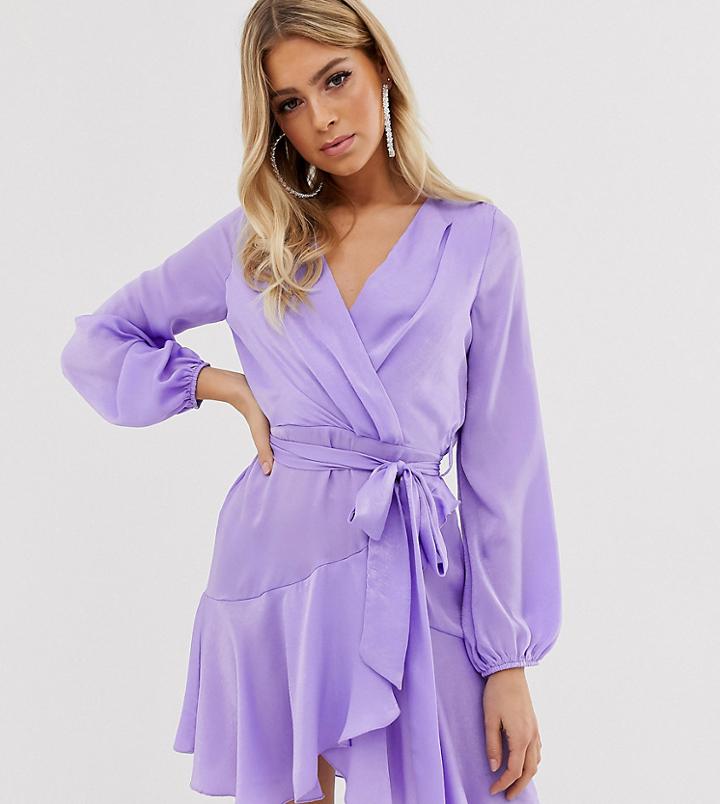 Flounce London Satin Mini Wrap Dress In Lilac - Purple