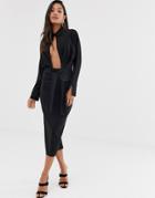 Asos Design Long Sleeve Wrap Shirt Midi Dress - Black