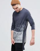 Asos Longline Long Sleeve T-shirt With Texture Print And Tape Detail - Gray