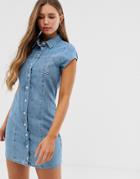 Asos Design Denim Short Sleeve Shirt Dress Midwash Blue - Blue