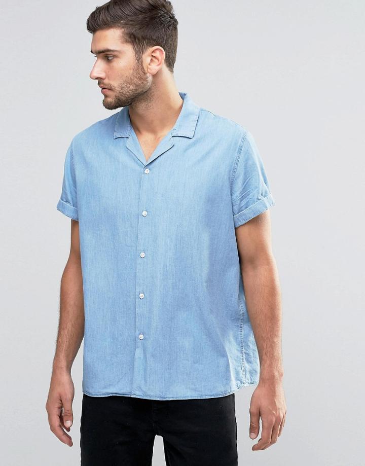 Asos Drape Oversized Denim Shirt In Mid Wash With Revere Collar - Mid Wash
