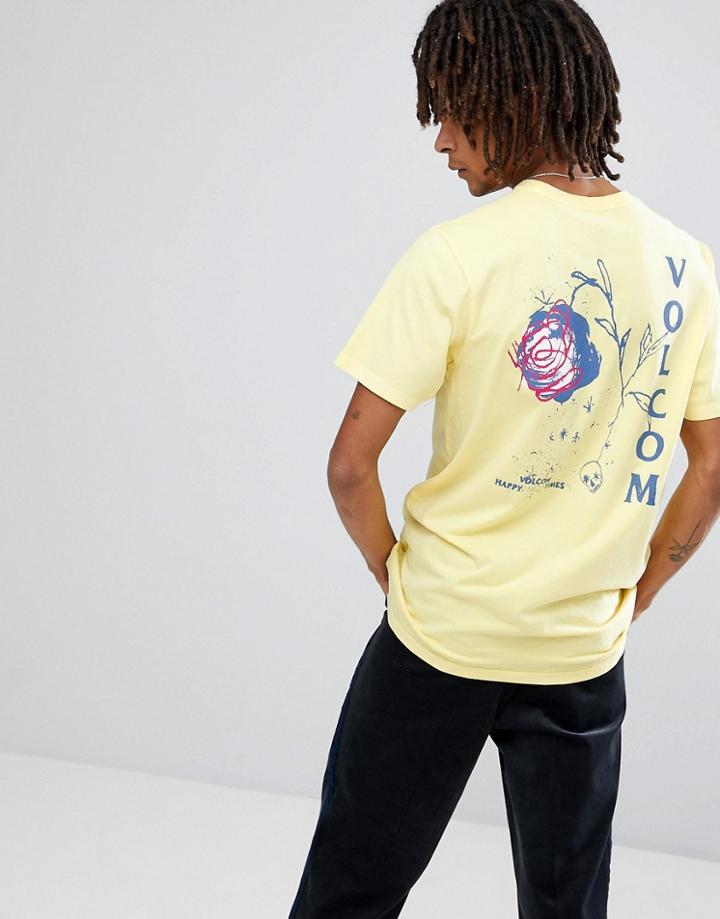 Volcom T-shirt With Rose Back Print - Yellow