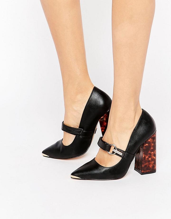 Lost Ink Daphne Flared Block Heel Buckle Shoes - Black