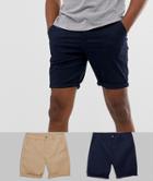 Asos Design Tall 2 Pack Slim Chino Shorts In Stone & Navy Save-multi