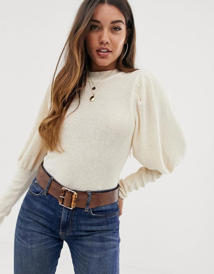 Asos Design Balloon Sleeve Sweater With Deep Cuff-cream