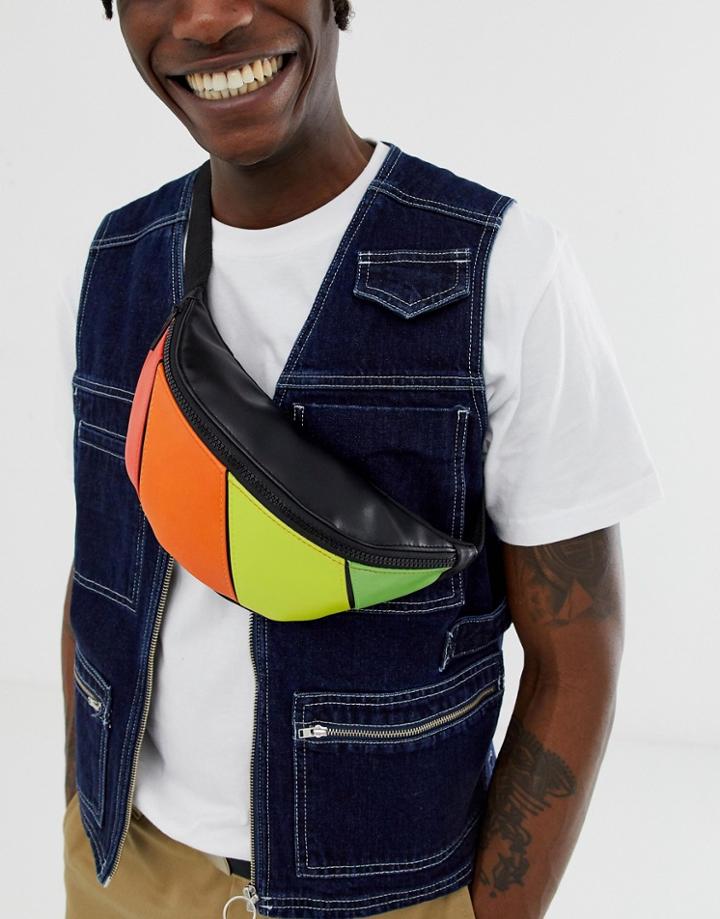 Asos Design Faux Leather Cross Body Fanny Pack In With Rainbow Color Block - Multi