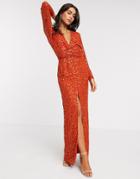 Asos Design Maxi Dress With Batwing Sleeve And Wrap Waist In Scatter Sequin-orange