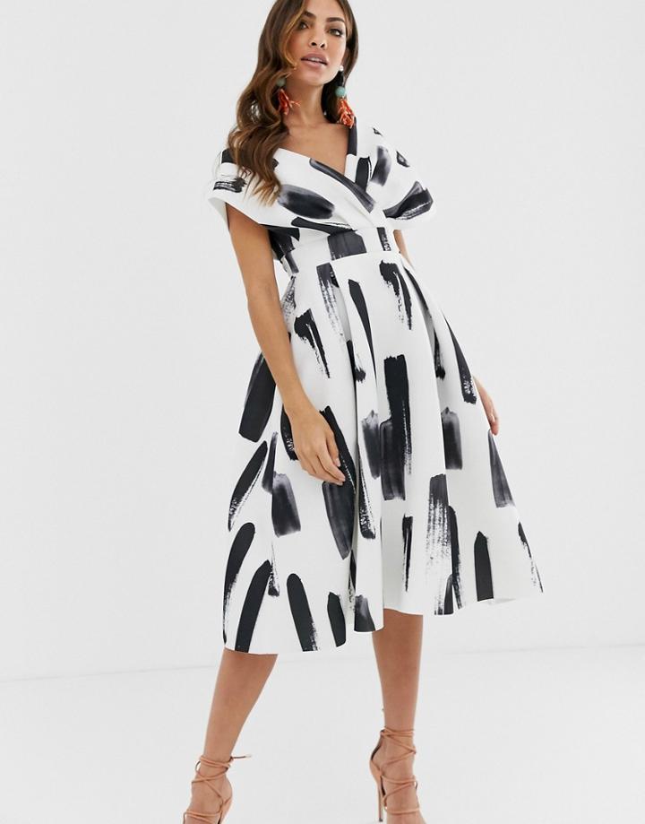 Asos Design Fallen Shoulder Prom Dress With Tie Detail In Brush Stroke Print-multi