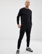Asos Design Ribbed Tracksuit Sweatshirt / Skinny Sweatpants In Black - Black