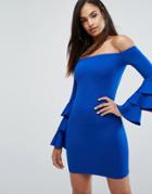 Club L Bardot Mini Dress With Exaggerated Layered Sleeve Detail - Blue