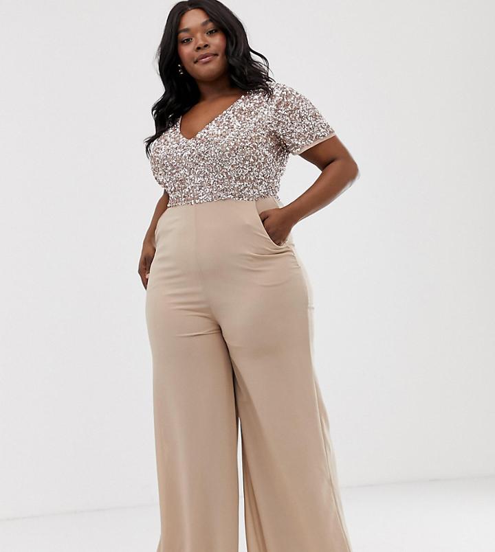 Maya Plus V Neck Delicate Sequin Jumpsuit With Palazzo Leg In Taupe Blush - Pink