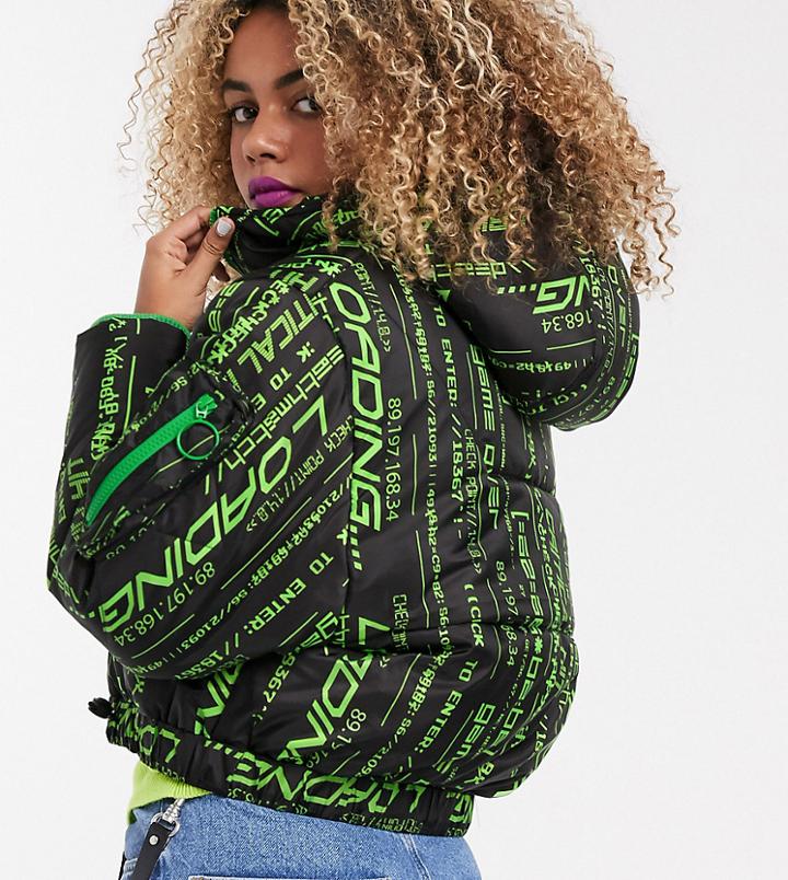 Collusion Crop Puffer Printed Jacket-black
