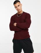 Asos Design Muscle Fit Basket Stitch Crew Neck Sweater In Burgundy-red