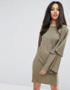 Ax Paris Khaki Wide Bell Sleeve Tunic Dress - Green