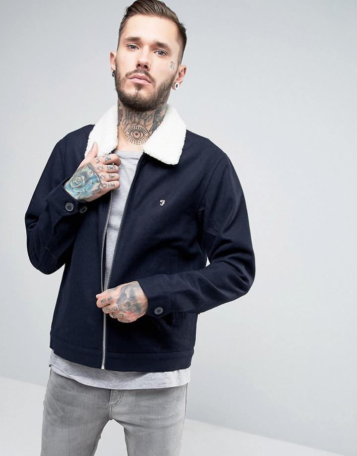 Farah Bomber Jacket With Fleece Collar In Navy Wool - Navy