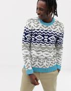 Asos Design Chenille Sweater With Fairisle Pattern Design - Navy