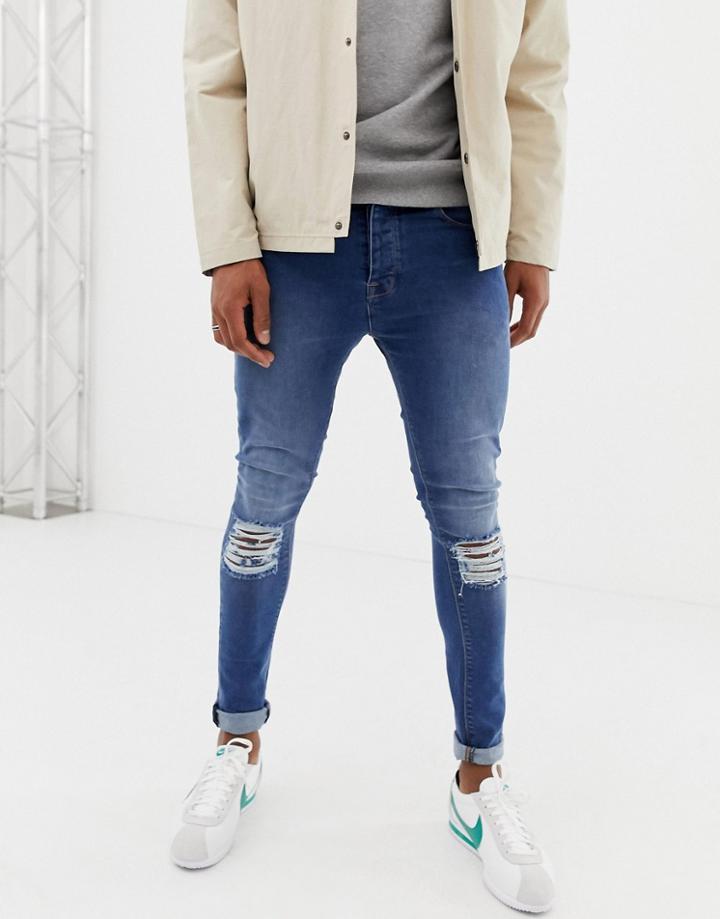 Voi Jeans Super Skinny Jeans In Mid Blue With Knee Rips - Blue