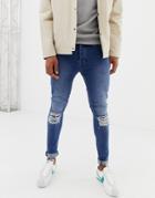 Voi Jeans Super Skinny Jeans In Mid Blue With Knee Rips - Blue