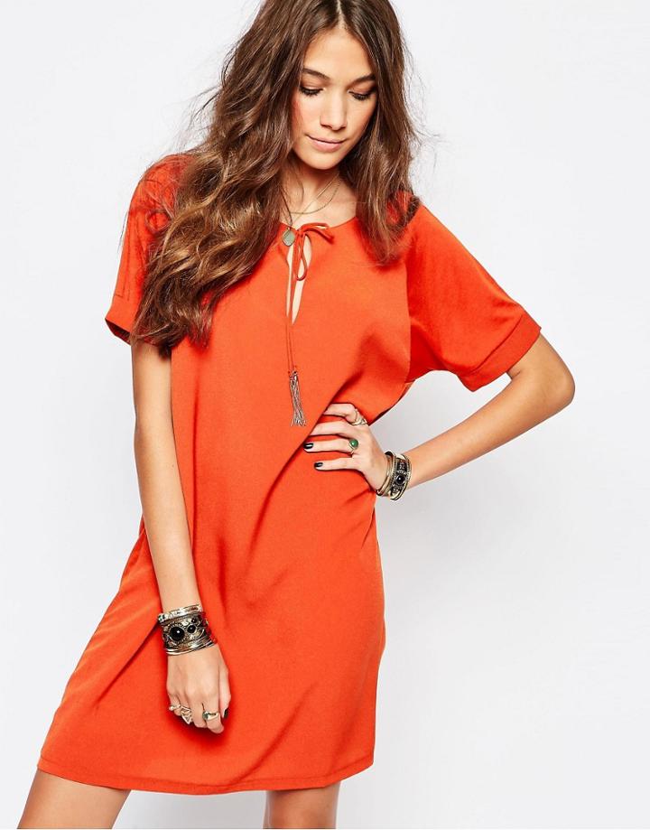 First & I Tie Detail Shift Dress - Rust Orange