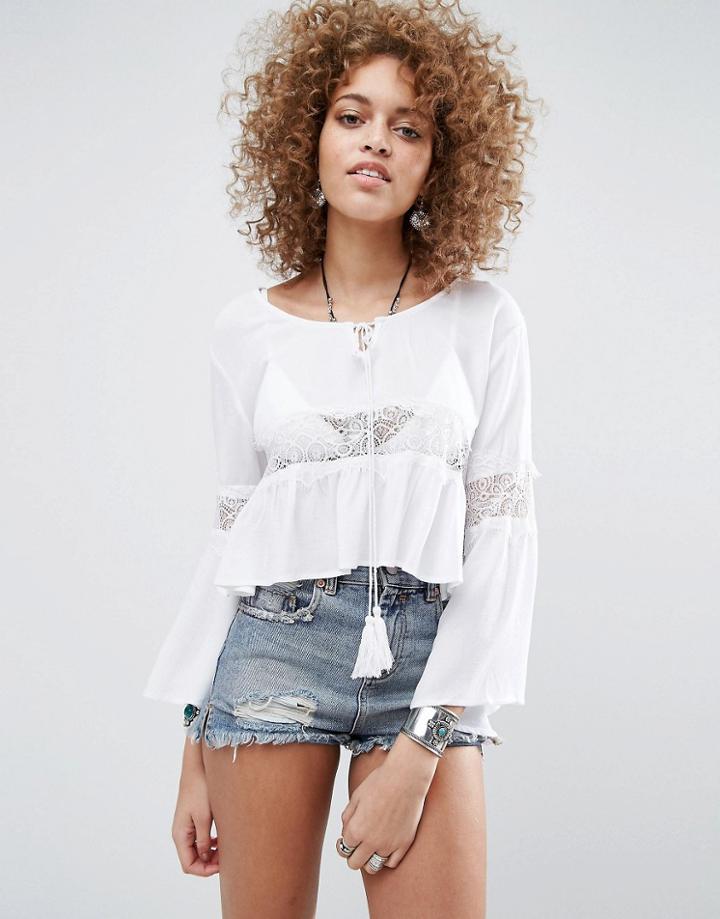 Raga Palisades Sheer Lace Insert Blouse - White
