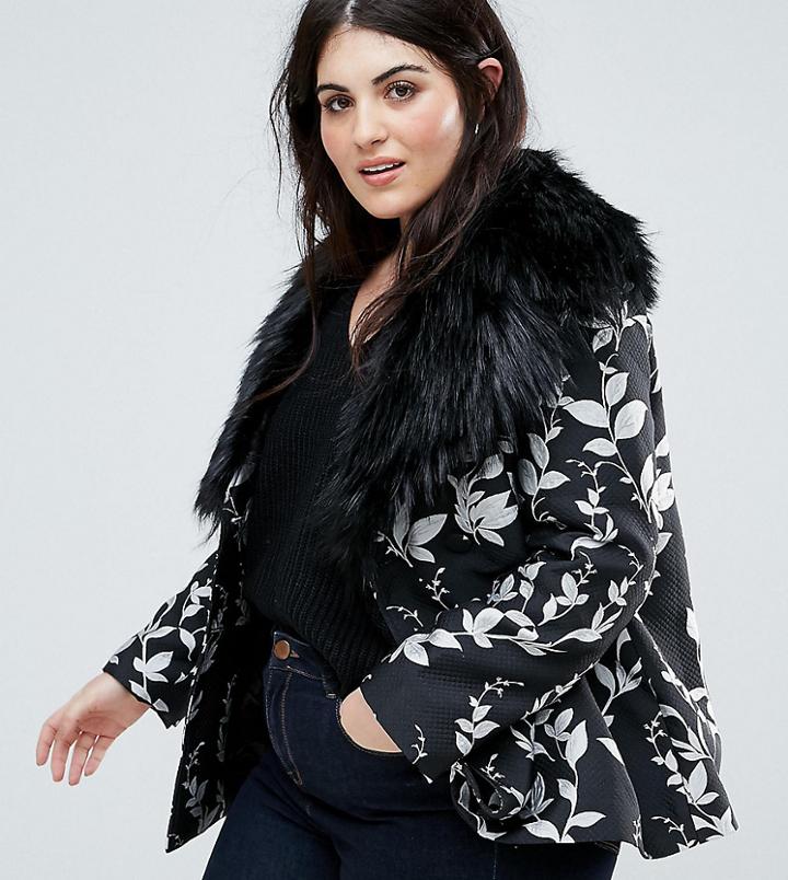 Dolly & Delicious Plus Premium Embroidered Jacquard Aviator Biker Jacket With Fluffy Collar Detail - Multi