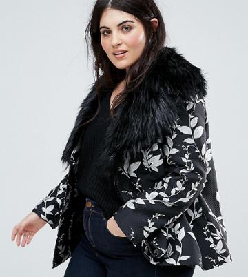 Dolly & Delicious Plus Premium Embroidered Jacquard Aviator Biker Jacket With Fluffy Collar Detail - Multi
