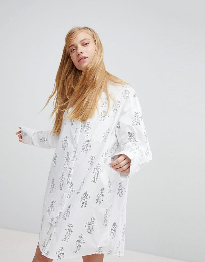 Monki Robot Graphic Print Shirt Dress - White