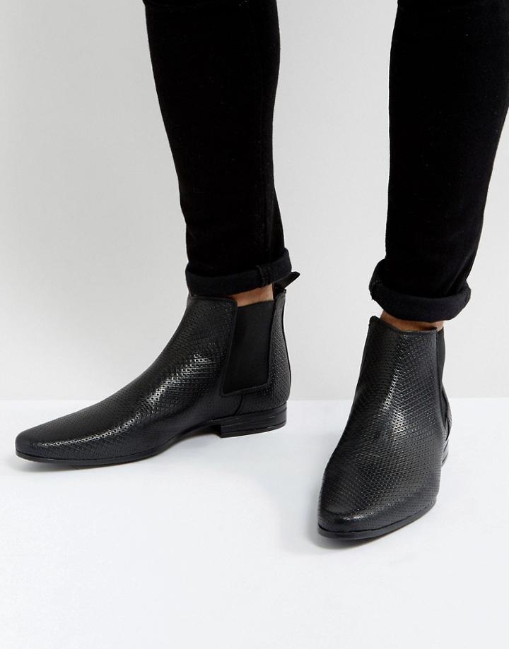 Asos Chelsea Boots In Black Leather With All Over Emboss - Black