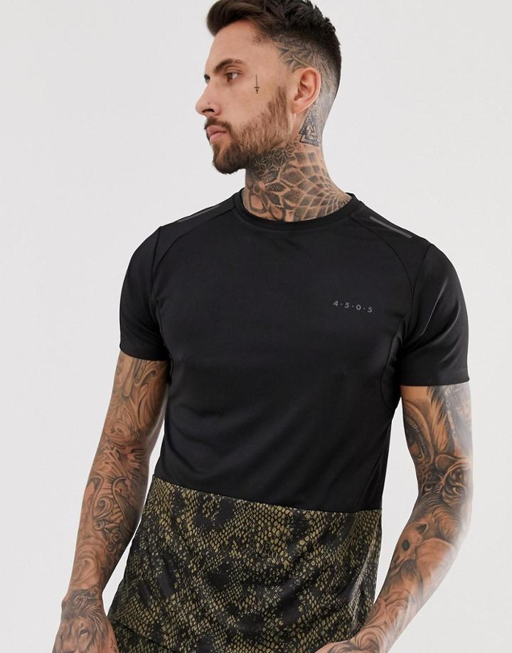 Asos 4505 Running T-shirt With Snakeskin Print Panel And Stepped Hem - Black