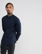 Asos Skinny Shirt With Grandad Collar And Popper In Navy - Navy