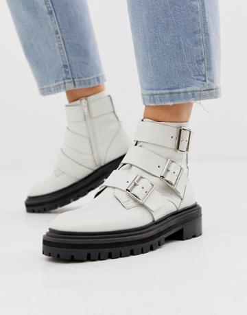Asos Design Aviate Premium Leather Biker Boots In White