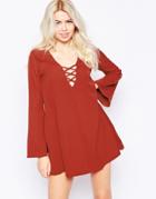 Motel Swing Dress With Lace Up & Flare Sleeves - Rust